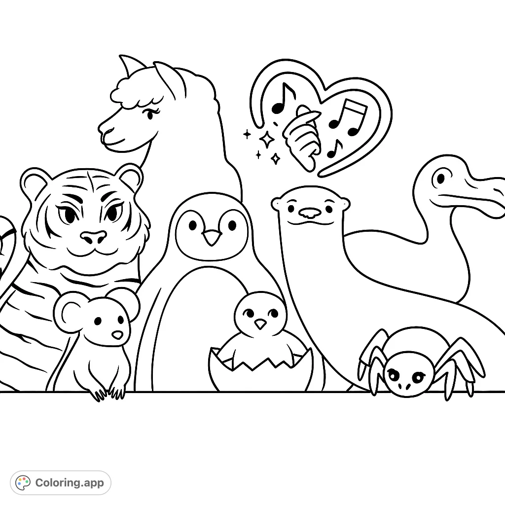 A delightful animal friends coloring page featuring a tiger, llama, penguin, otter, dodo, koala, chick, and spider, celebrating friendship and music.