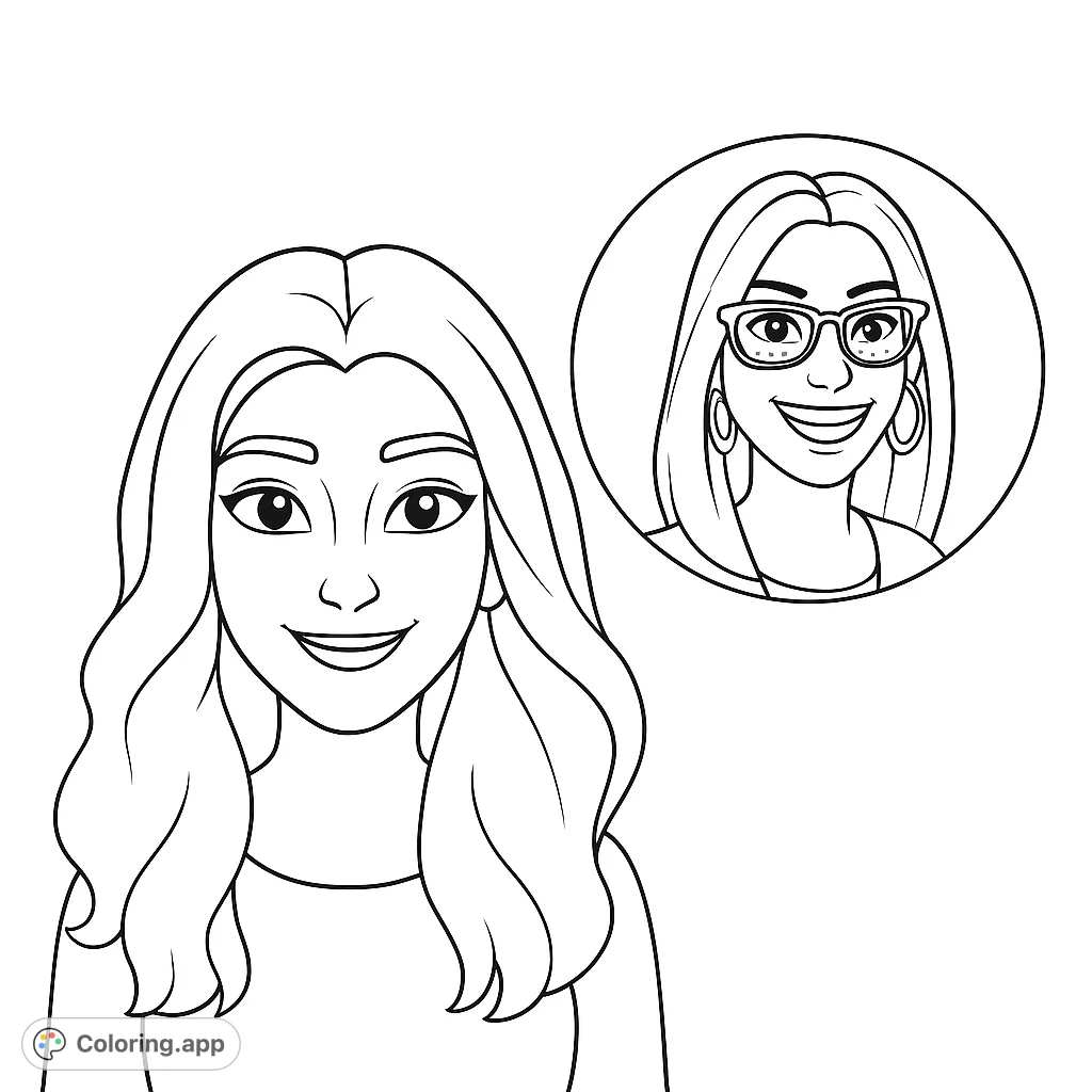 Color two cheerful, modern female avatars, one with flowing hair and another with glasses and a wide smile. A fun, customizable coloring page for all ages.