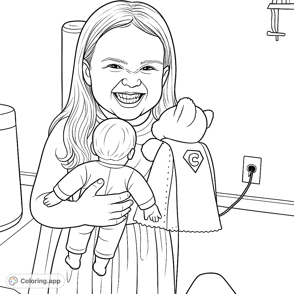 A joyful girl with a big smile holds her two beloved dolls, one with a superhero cape, ready for imaginative play and creative coloring fun.