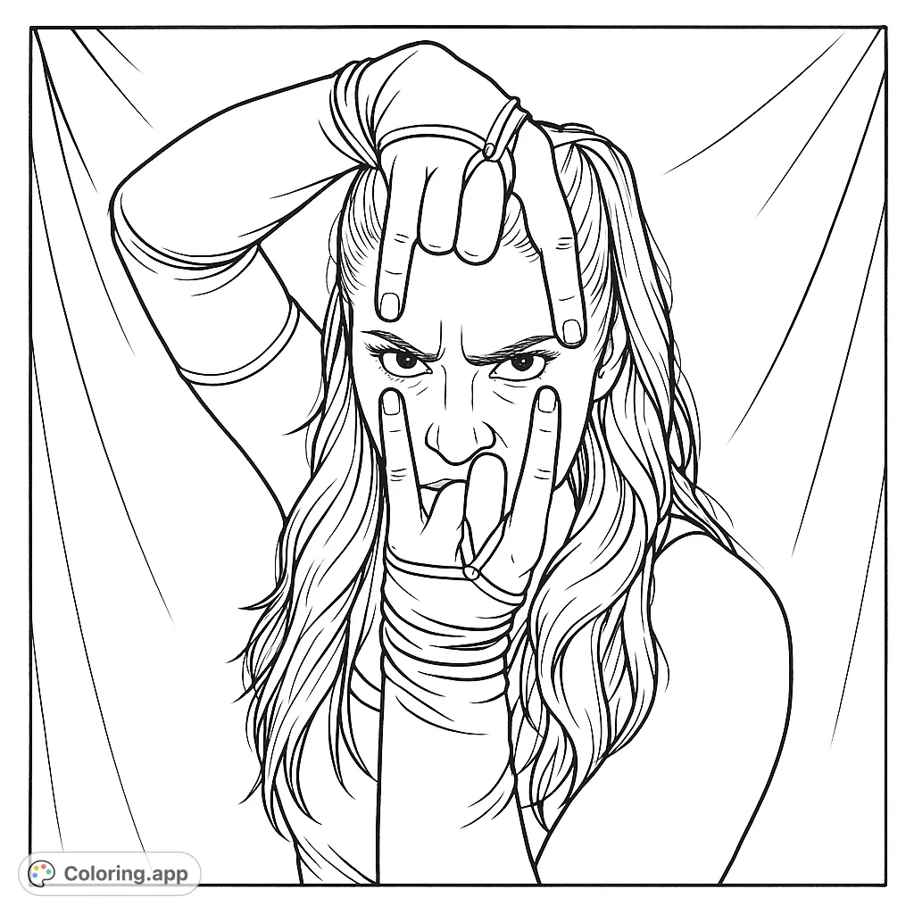 Capture an intense gaze framed by dynamic hand gestures, featuring a person with long hair and unique armwear. A powerful and expressive coloring page.
