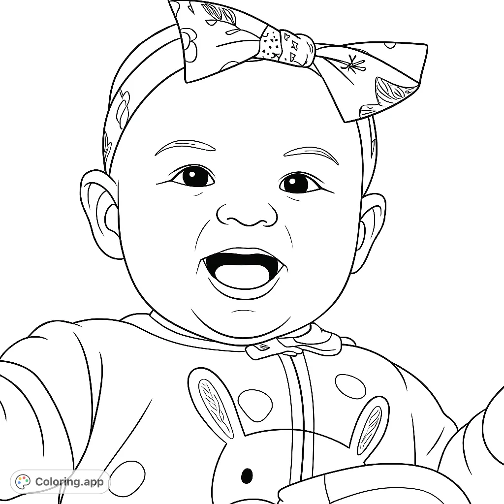Capture the joy of a smiling baby wearing a cute bunny outfit and a patterned bow. A delightful baby coloring page for all ages.