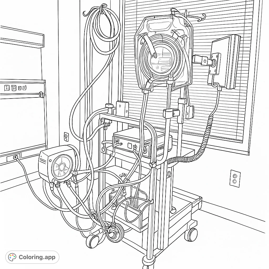 Explore a detailed medical device system, featuring complex machinery, intricate tubes, and a realistic hospital room setting. Perfect for advanced colorists.