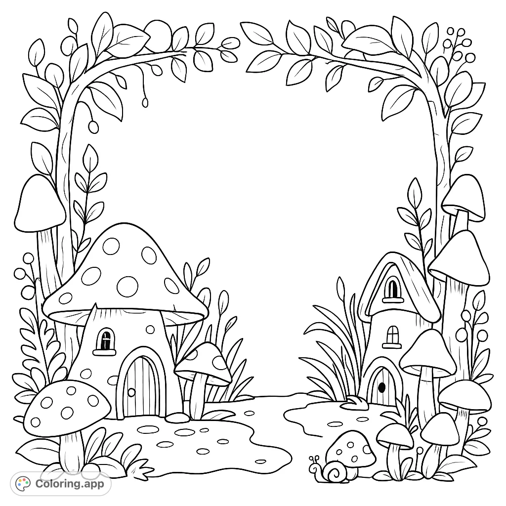 Enter a magical world with this whimsical mushroom village frame coloring page. Features charming mushroom houses, playful fungi, and leafy vines, perfect for imaginative fun!