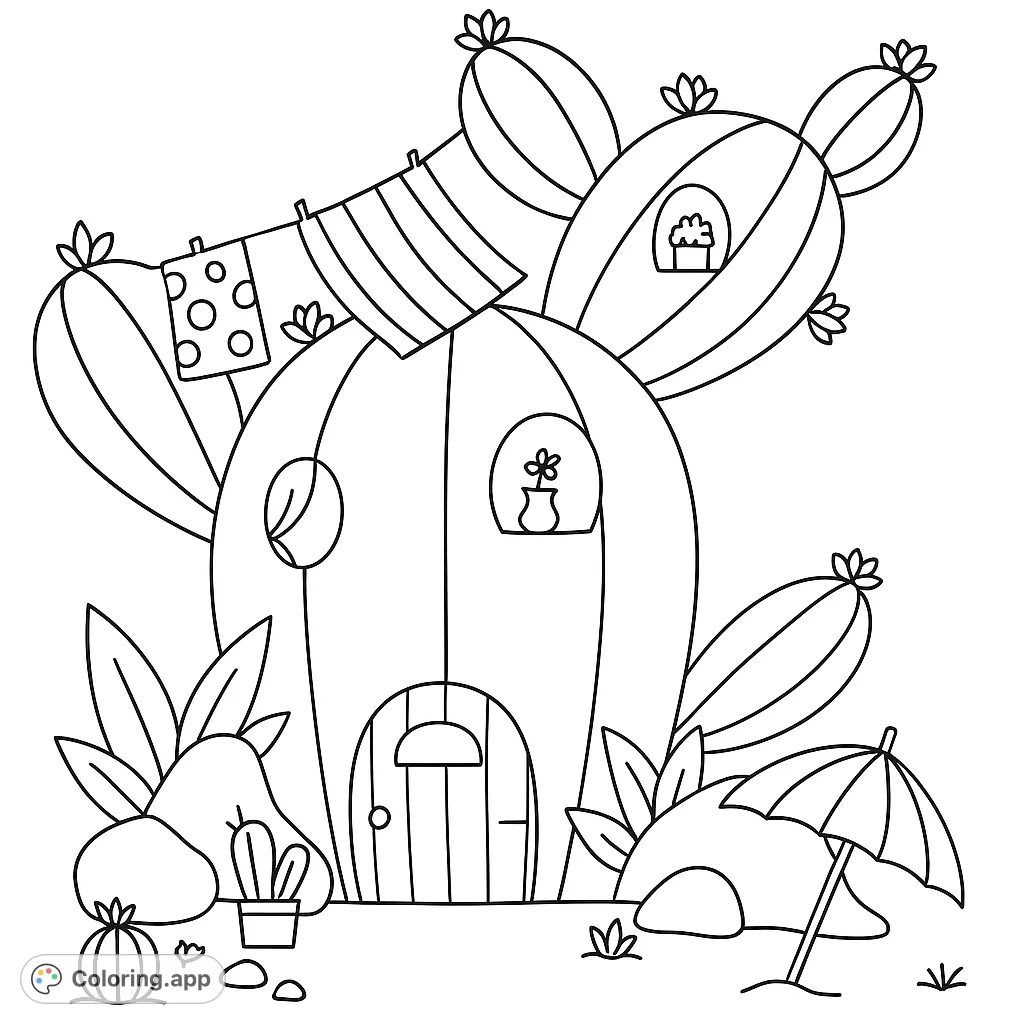 Explore a charming cactus house with laundry on a line, potted plants, and desert elements. A delightful, simple scene for creative coloring fun.