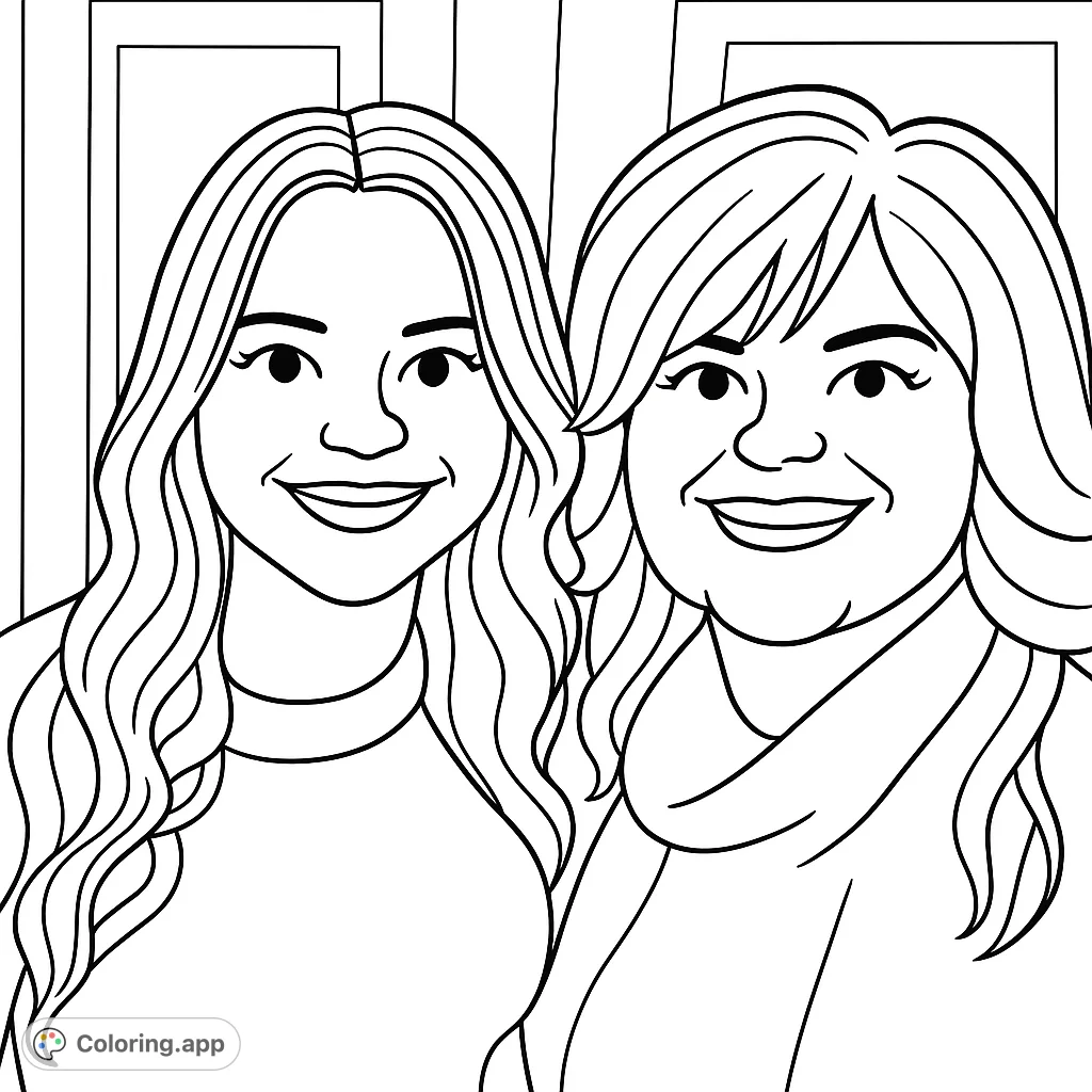 A heartwarming portrait of two smiling women, perfect for a free printable coloring page. Capture their bond and personalize their features with your creative touch.