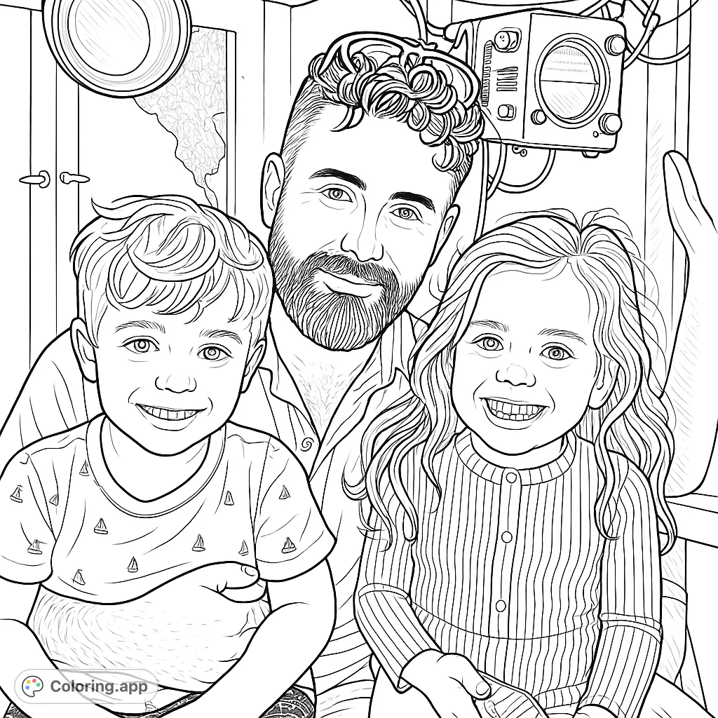 Capture a heartwarming family moment in a boat cabin. A father and two children smile, surrounded by nautical details.