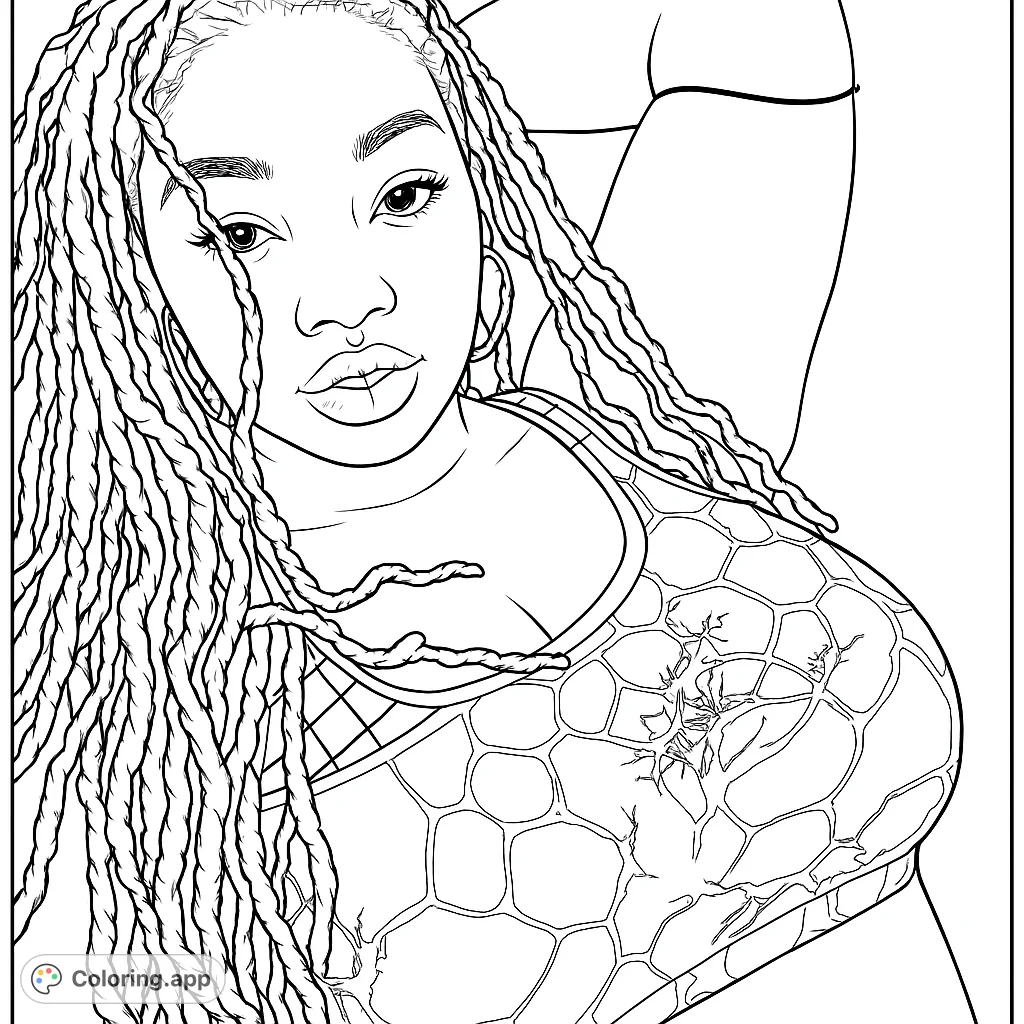 A captivating portrait featuring a person with flowing dreadlocks and a stylish, abstract patterned top. Perfect for creative expression and relaxation.
