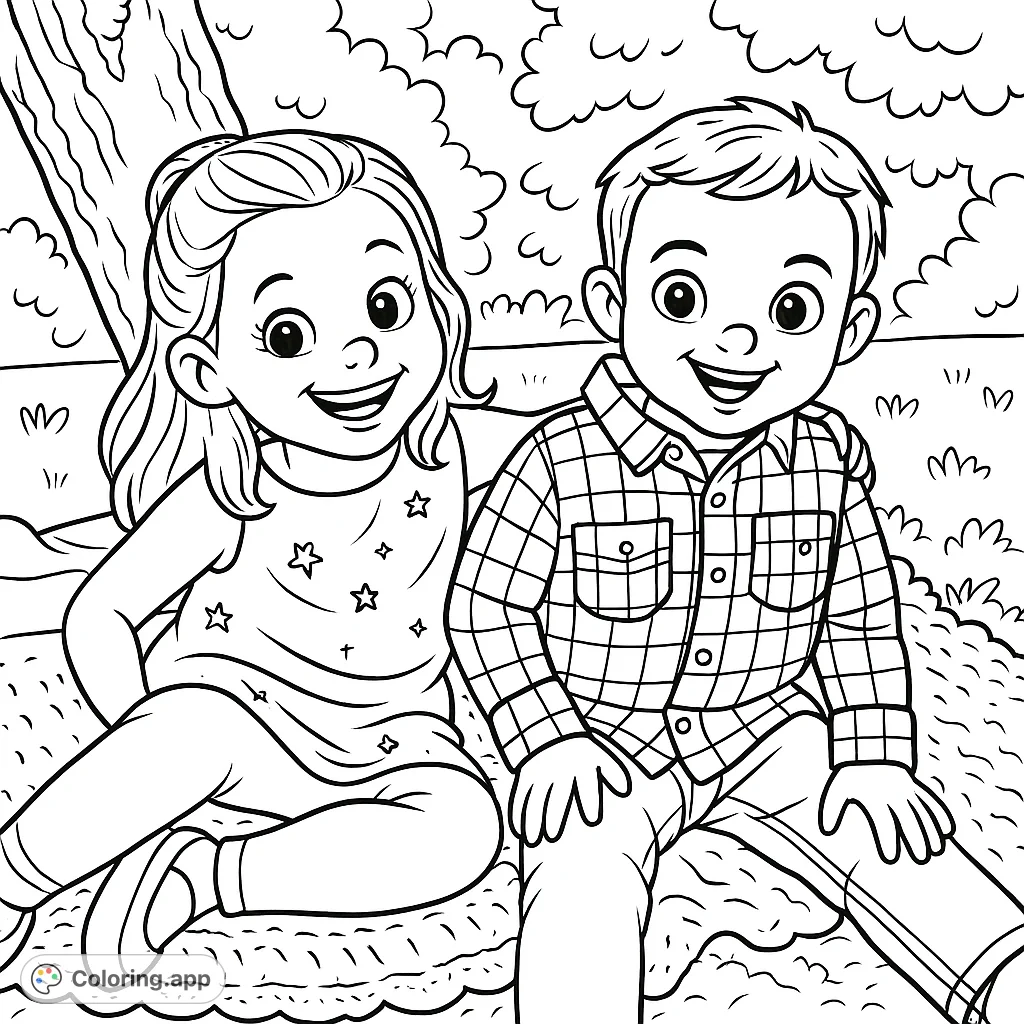 Two happy children share a moment on a blanket under a tree, perfect for a heartwarming coloring experience. A delightful scene for all ages.