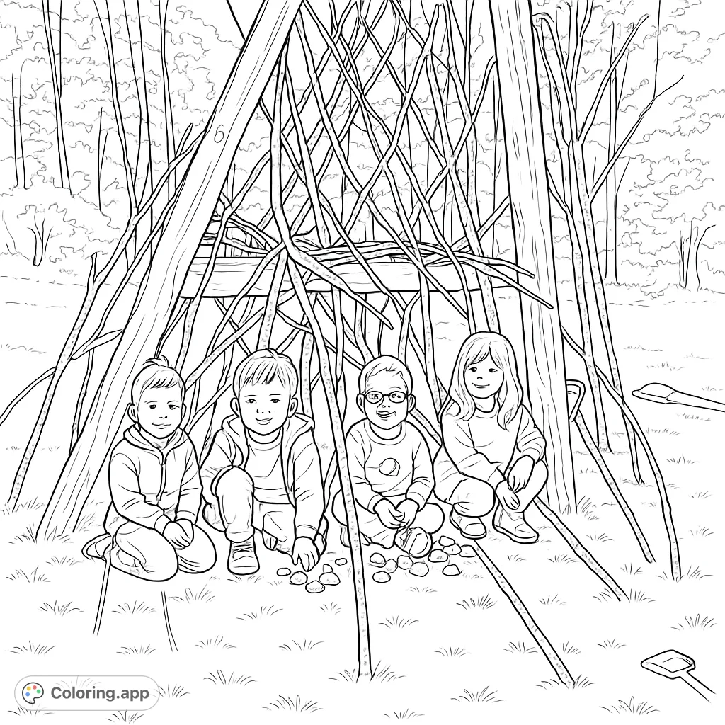 Join four happy kids in their handmade branch fort, ready for a creative outdoor adventure. A fun, free printable fort building coloring page for all ages!