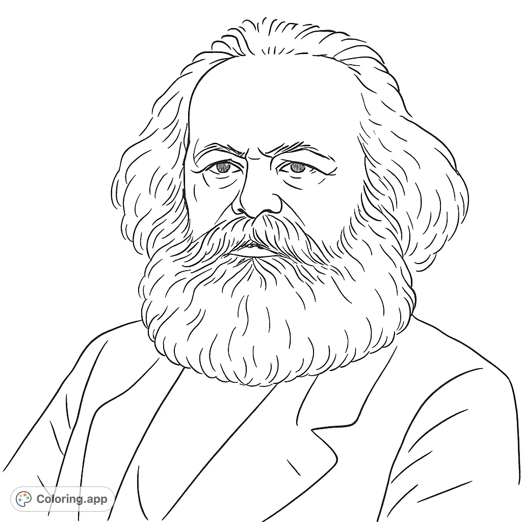 Color a realistic Karl Marx portrait, featuring his iconic bushy beard and hair. A thoughtful and historical figure for coloring enthusiasts.