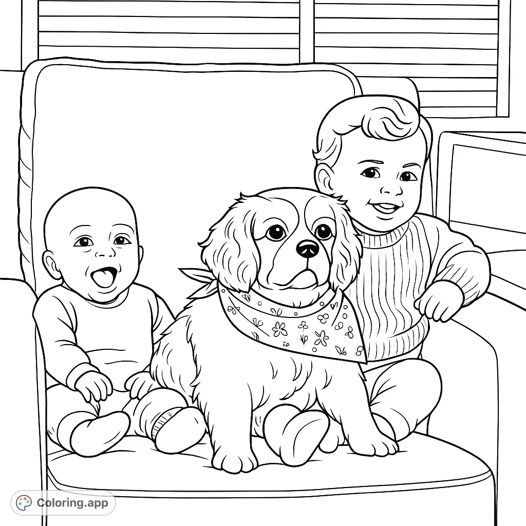 Adorable baby, toddler, and their furry dog friend share a cozy moment on a sofa. A heartwarming scene perfect for a family-friendly coloring adventure.