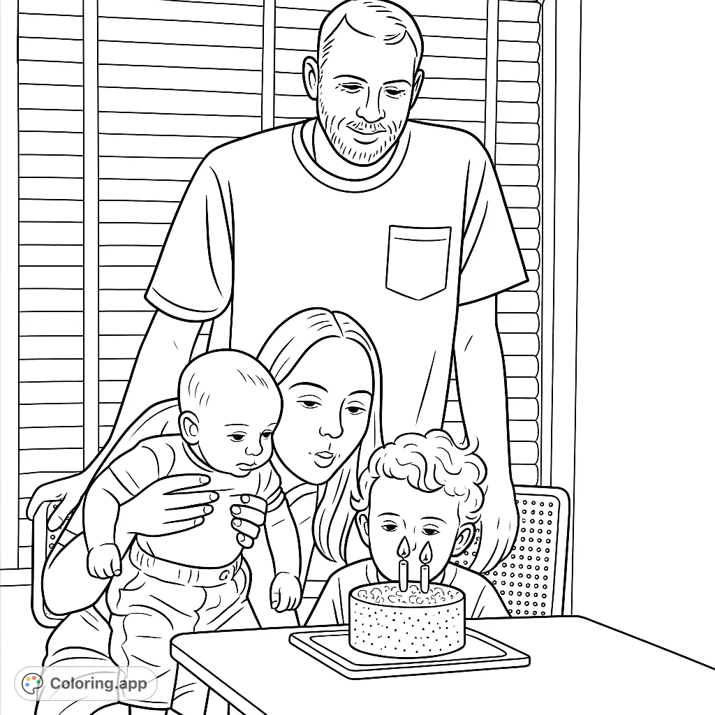 Celebrate a special family birthday with this heartwarming coloring page featuring parents and children gathered around a cake with candles.