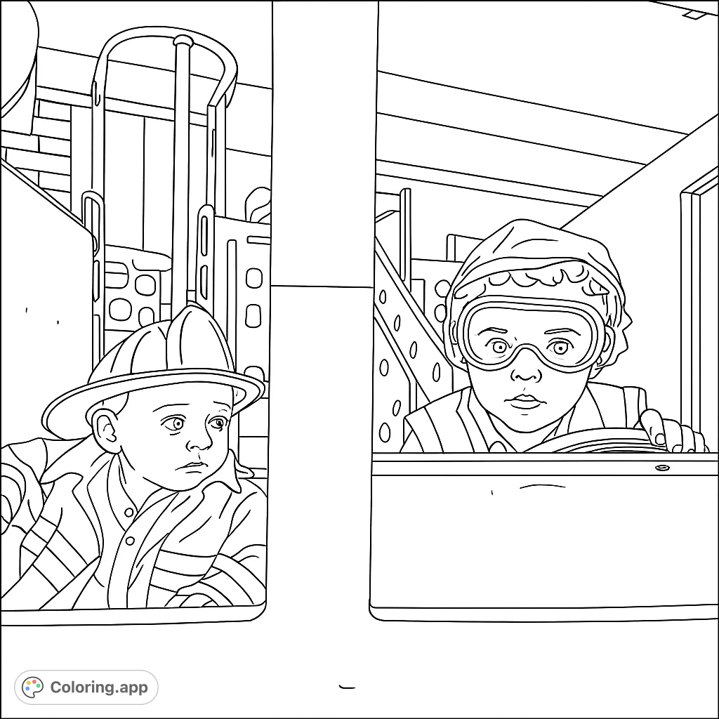 Two adorable children in firefighter and construction worker costumes, ready for imaginative play in a fun play structure. Perfect for aspiring heroes!