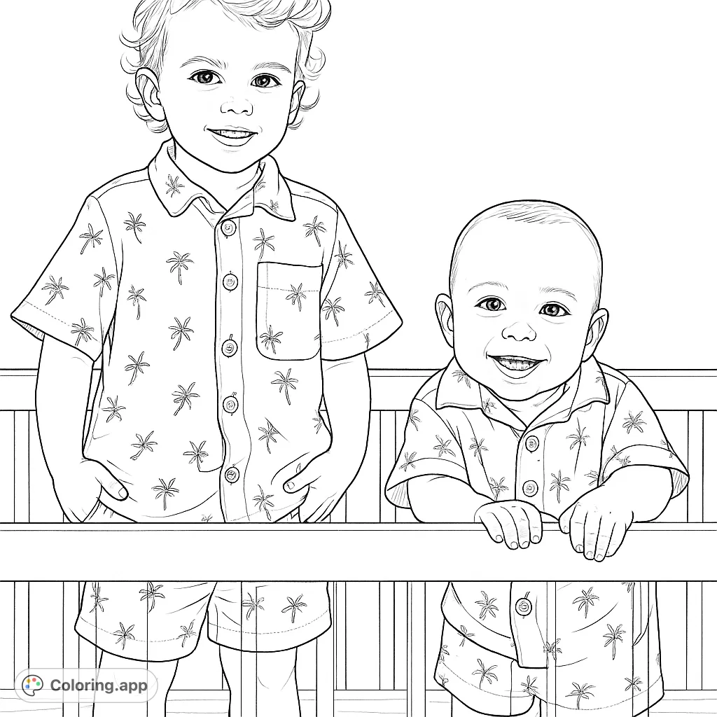Two joyful children, a toddler and a baby, in matching palm tree outfits, smiling from their crib. A delightful scene for coloring fun.