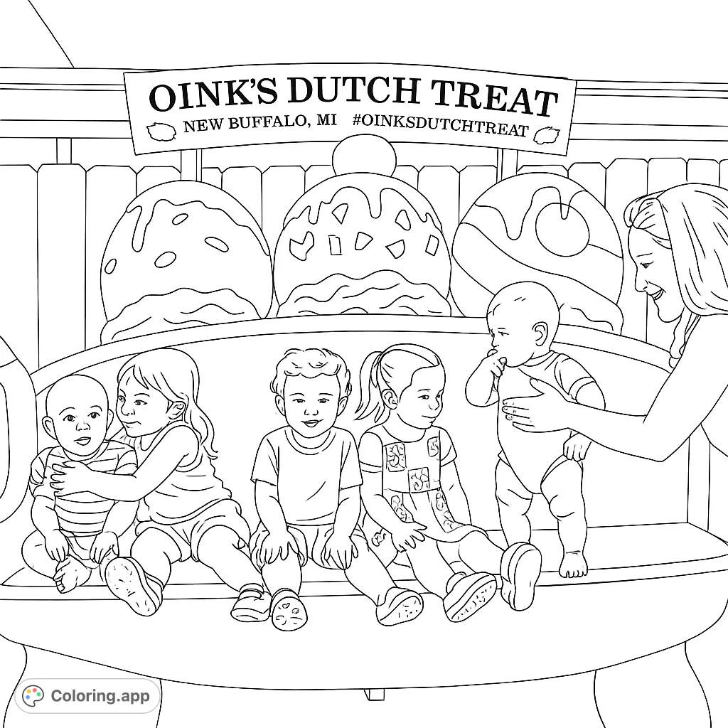 Capture joyful moments with children and giant dessert sculptures. A delightful scene perfect for a sweet treat coloring page adventure.