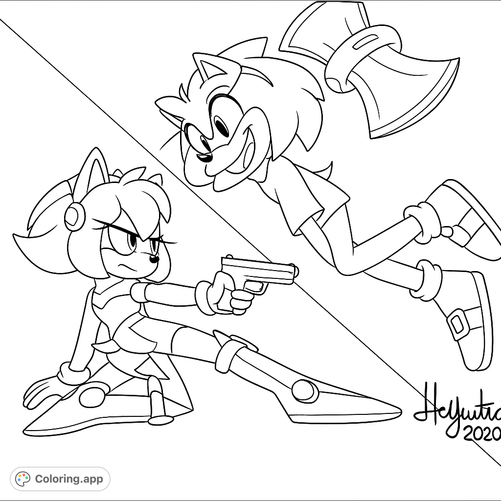 Dynamic coloring page featuring two anthropomorphic characters in action poses, one with a firearm and the other with a stylized axe, set against a split background.