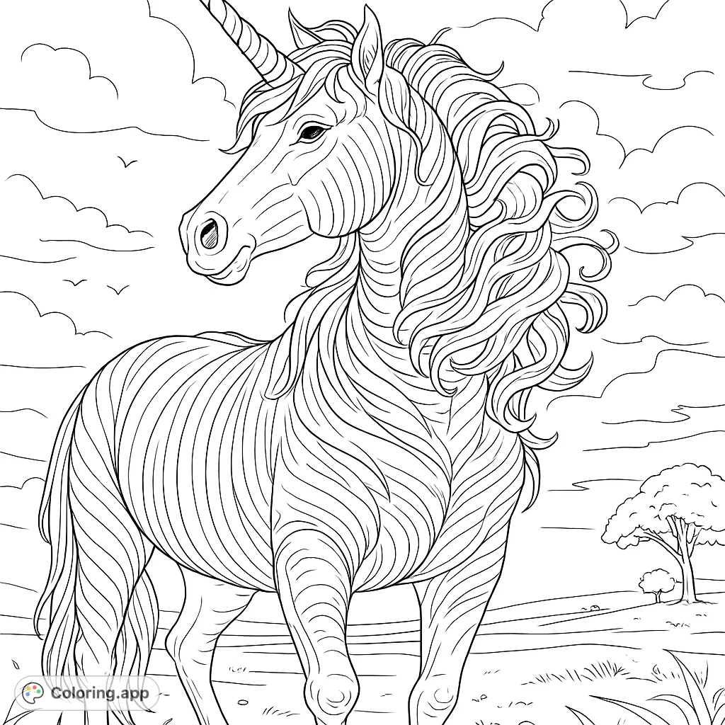 Color a majestic unicorn with a spiraled horn, flowing mane, and unique body patterns, set against a dramatic sky in a grassy field.