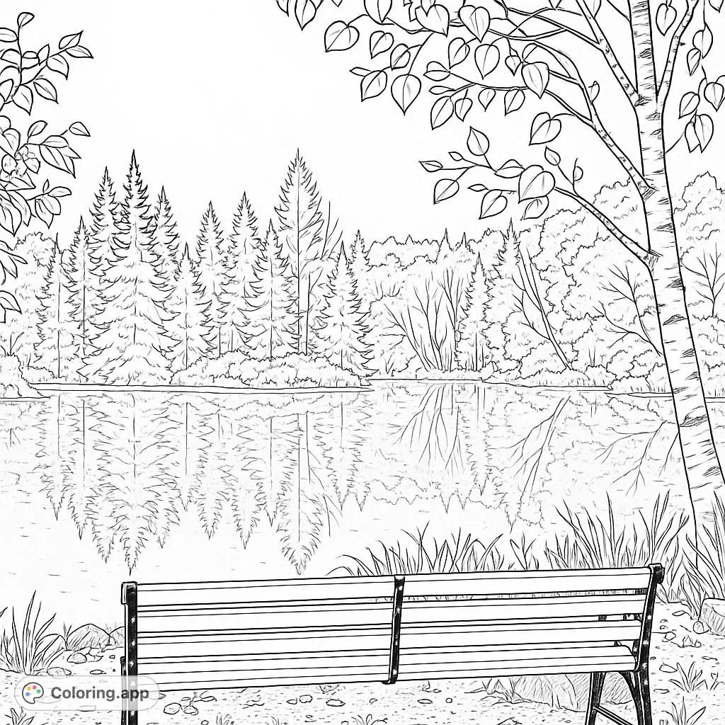 A serene lakeside scene featuring a park bench, a dense forest reflecting in the water, and overhead branches. Perfect for nature lovers.