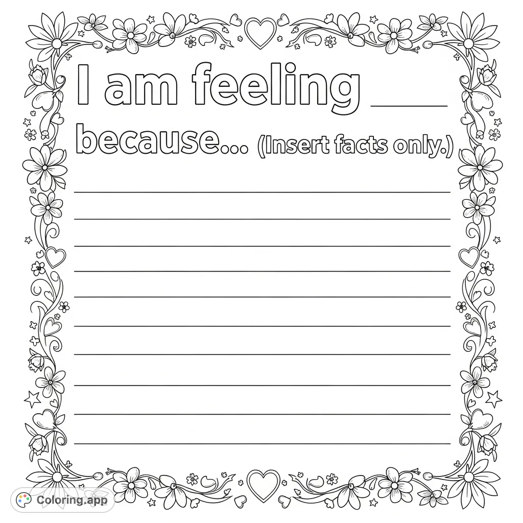 Express your emotions and color a cheerful floral border on this unique journal page. A fun way to combine writing and creative coloring.