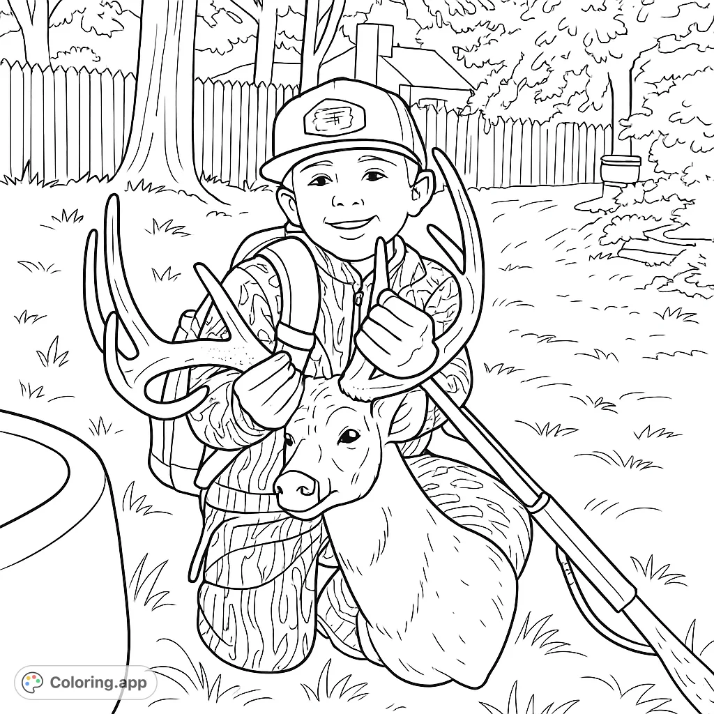 A young boy proudly displays a deer target with impressive antlers, set against a backyard scene. Perfect for nature and outdoor adventure enthusiasts.