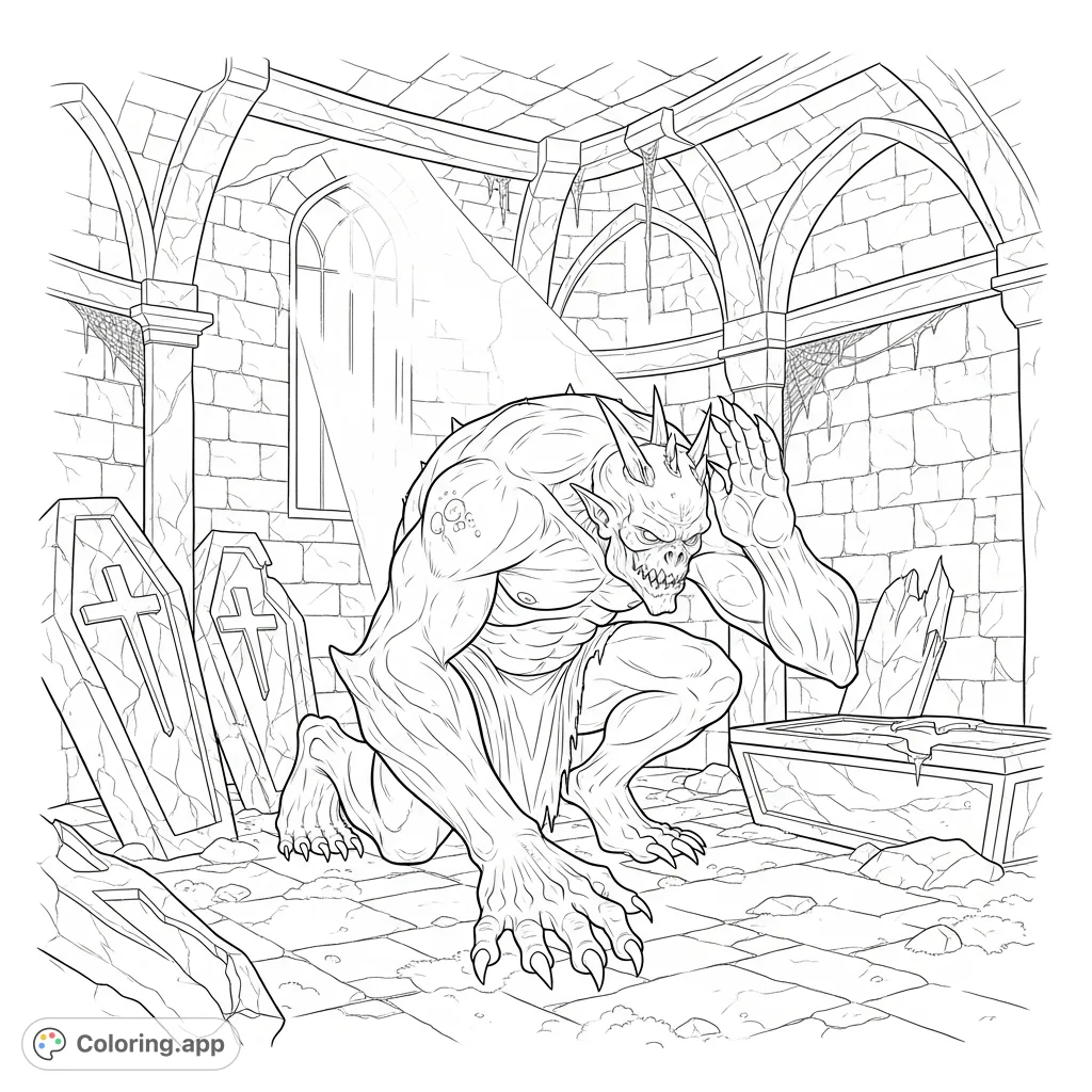 Explore a chilling crypt scene featuring a grotesque creature, crumbling sarcophagi, and dramatic moonlight shadows. A challenging and atmospheric coloring experience.