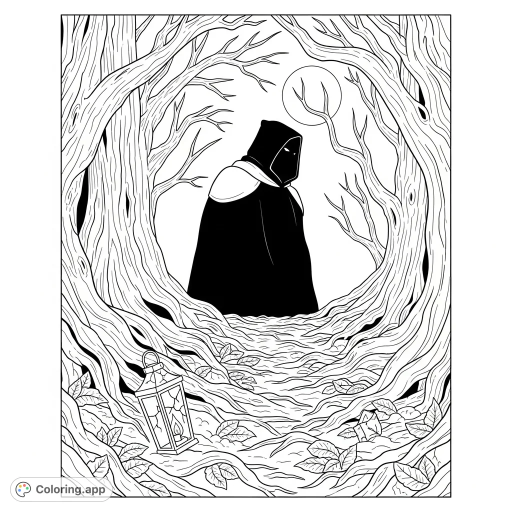 Unveil the mystery of a cloaked figure amidst ancient, gnarled trees under a full moon. A haunting forest scene awaits your creative touch.
