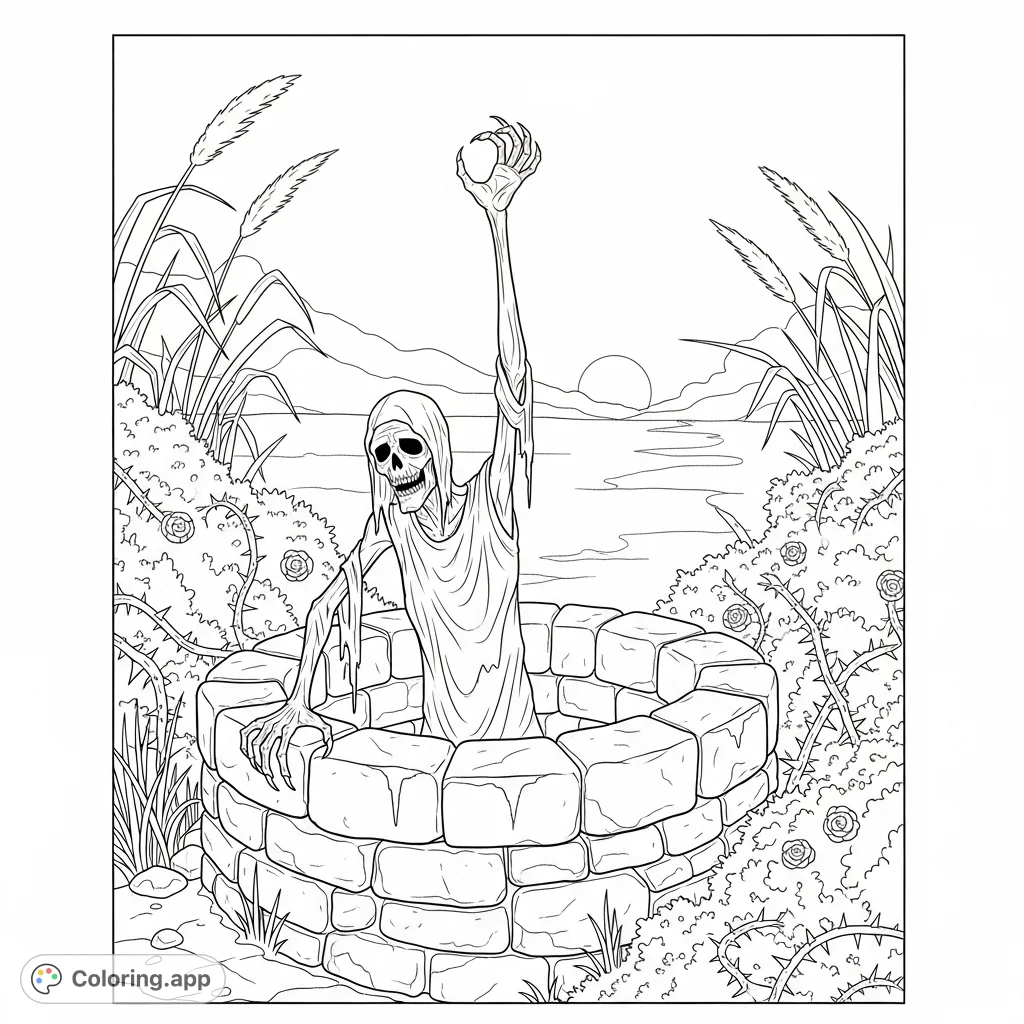 A gaunt, skeletal figure rises from an ancient, overgrown well, its tattered form emerging from shadows. An unsettling scene for those who enjoy dark and mysterious art.