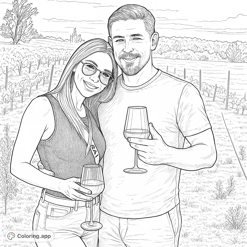 A romantic vineyard coloring page featuring a happy couple enjoying a moment together. Perfect for adults seeking a relaxing and detailed coloring experience.