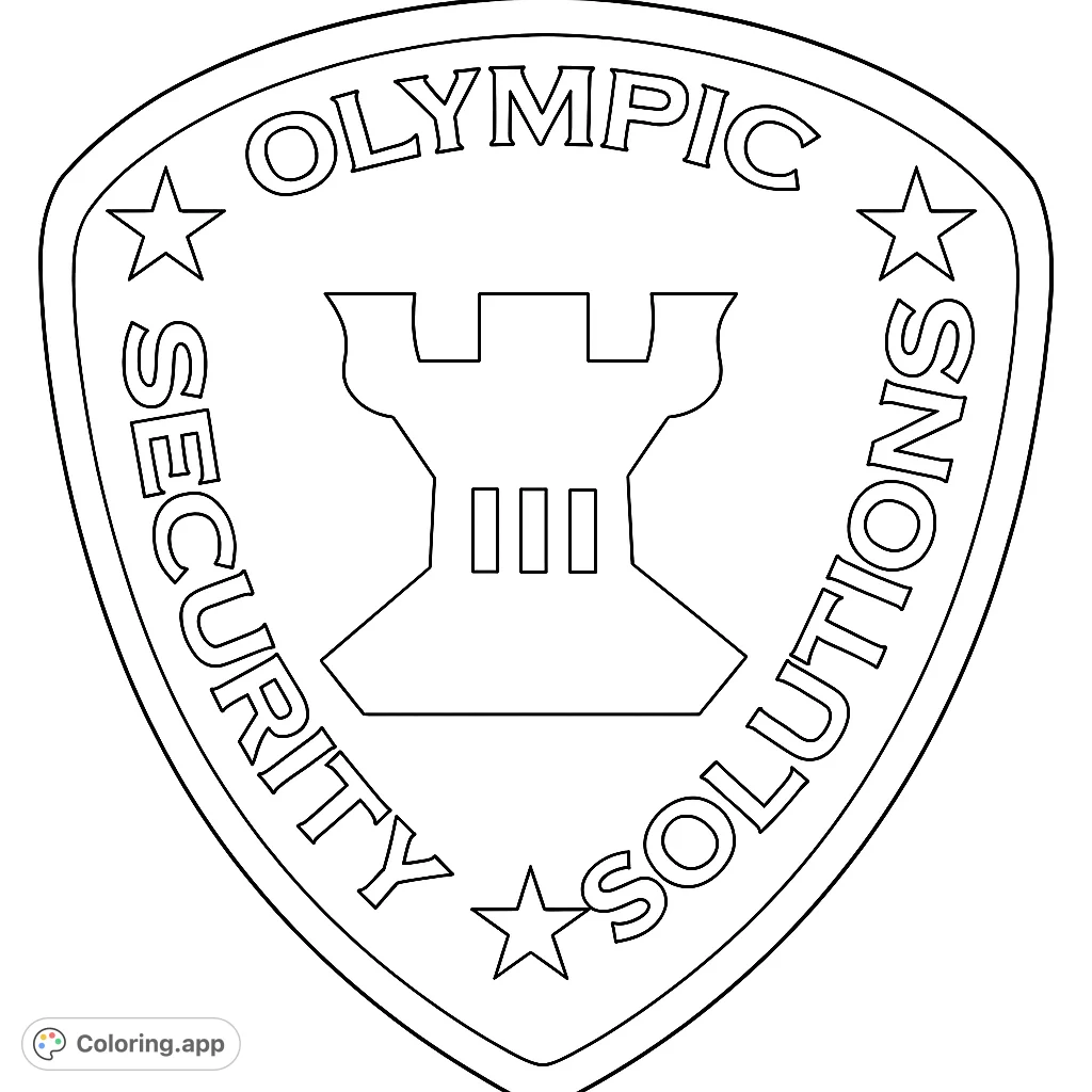 Color a striking shield emblem featuring a strong castle tower, framed by stars and curved text. A powerful design for all ages to personalize.
