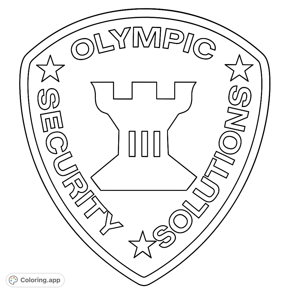 Color a distinctive shield emblem featuring a stylized castle tower, arched text, and stars. A unique design for focus and creativity.