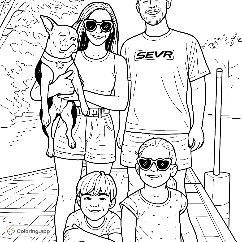 Capture cherished family moments with this delightful lakeside coloring page featuring a happy family, their beloved dog, and a serene outdoor setting.