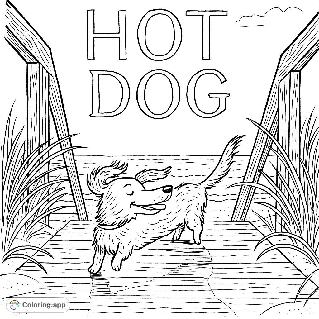 A joyful, shaggy dog dashes down a wooden beach boardwalk towards the ocean, surrounded by sand and beach grass. A delightful beach scene for all ages.