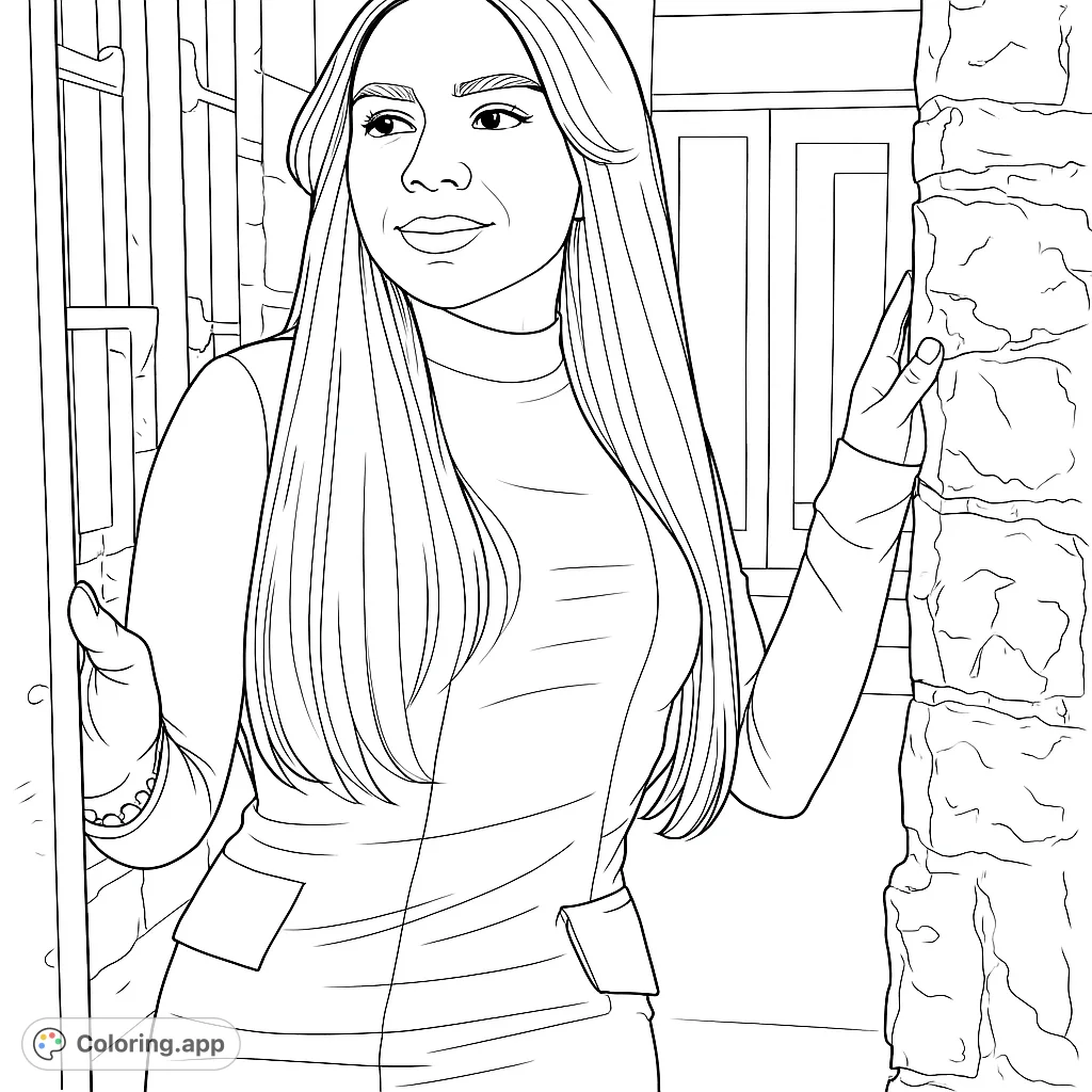 An elegant woman in a stylish outfit, framed by textured stone and wood, gazes thoughtfully. Perfect for a sophisticated coloring experience.