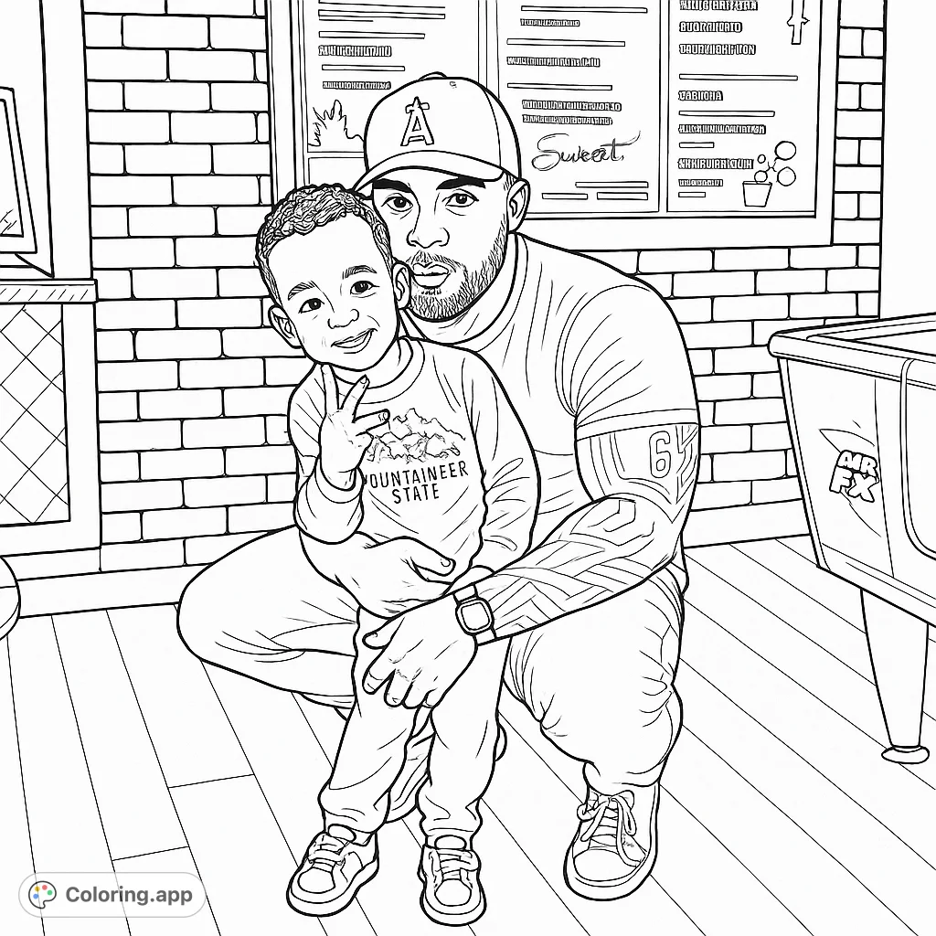 Capture a heartwarming moment of a father and child sharing a playful embrace in a lively setting. Perfect for family coloring page fun!