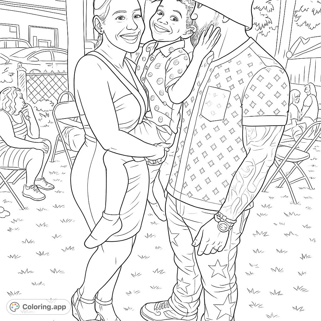 Capture a heartwarming family moment with this outdoor gathering coloring page. Features a smiling mother, father, and child, perfect for all ages.