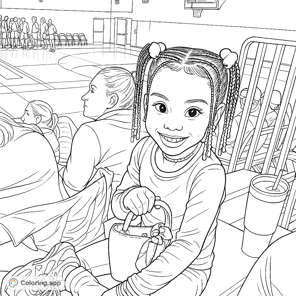 A cheerful young girl with braided pigtails and a small handbag, enjoying a basketball game from the bleachers. Perfect for kids and sports fans!