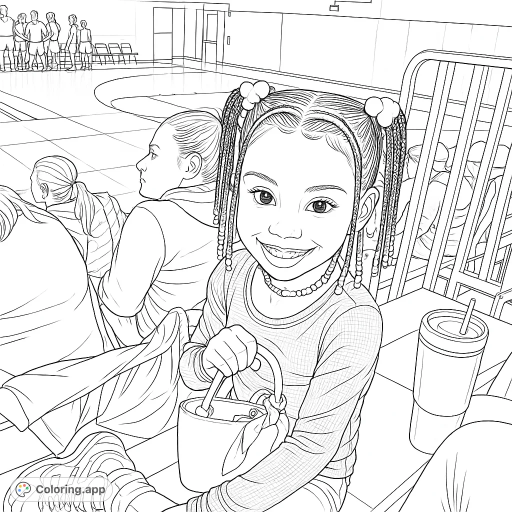 A cheerful young girl with braided pigtails and a small handbag, enjoying a basketball game from the bleachers. Perfect for kids and sports fans!