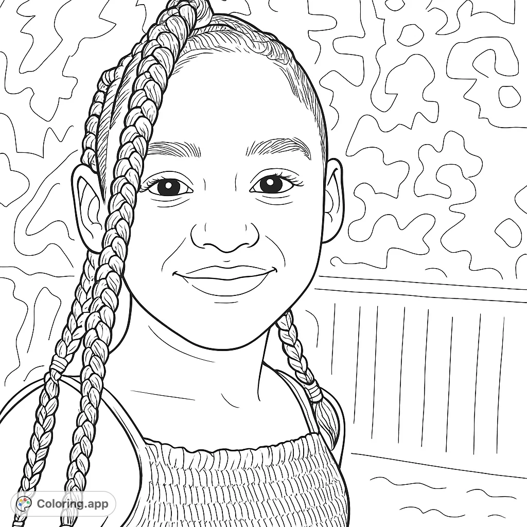 A charming coloring page featuring a smiling girl with intricate braids and a textured top, set against a soft outdoor background. Perfect for creative expression.