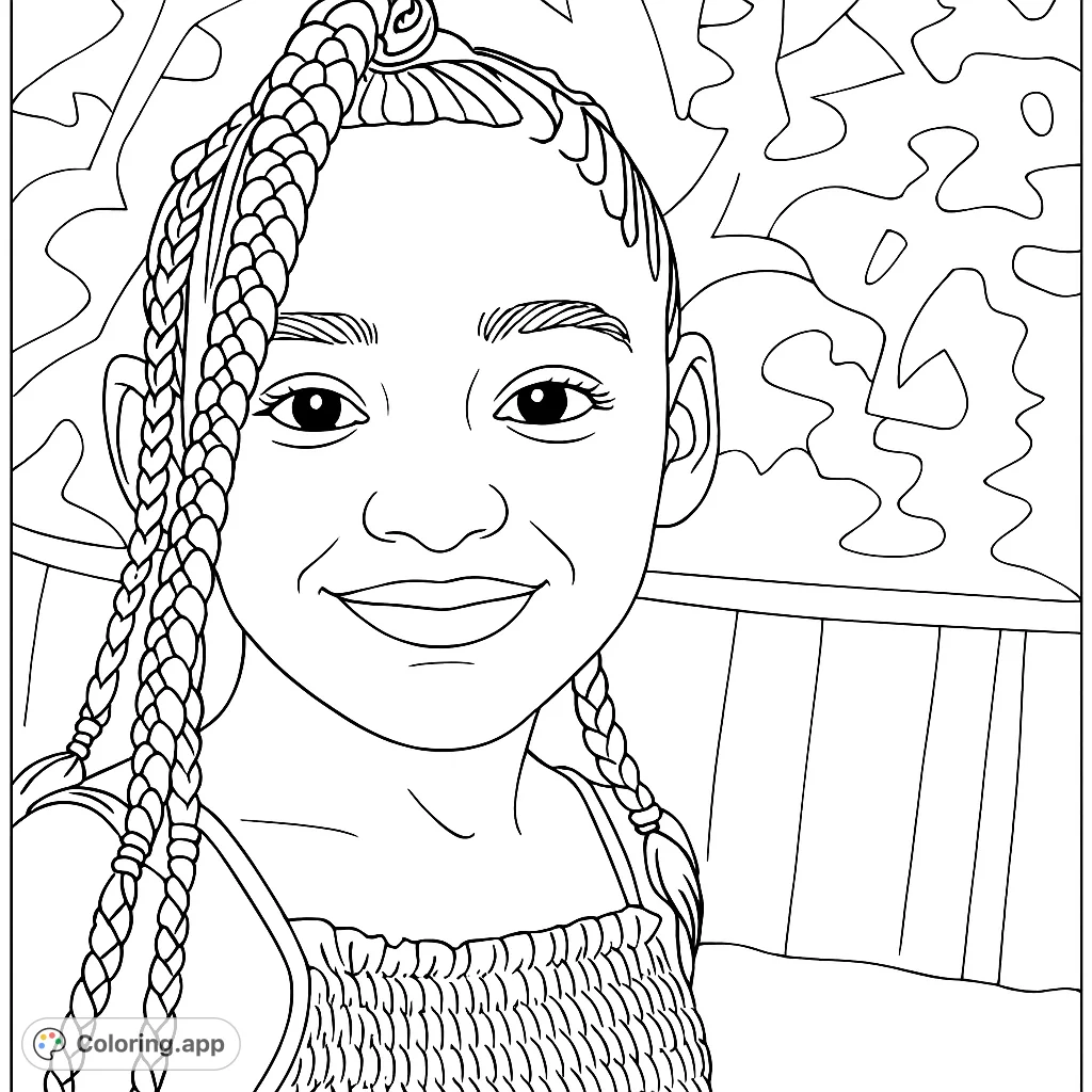 A charming portrait of a smiling girl with intricate braided hair and a smocked top, set against a soft outdoor background. Perfect for creative expression.