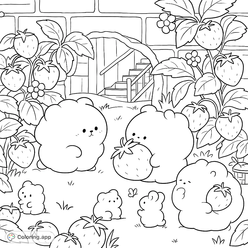Explore a charming strawberry patch with adorable bear-like creatures. A delightful scene perfect for all ages, featuring playful characters and abundant fruit.