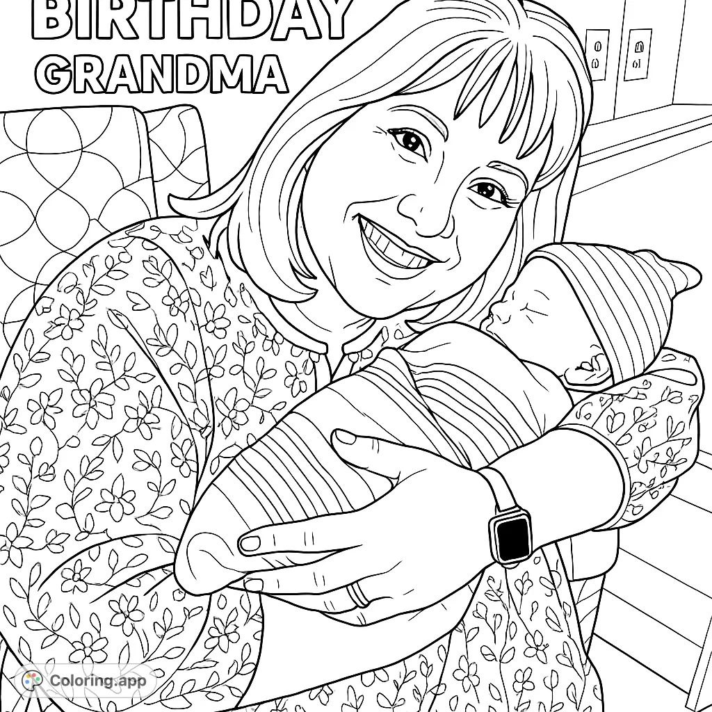A heartwarming coloring page featuring a smiling woman cradling a peacefully sleeping newborn baby, perfect for celebrating new life and family bonds.