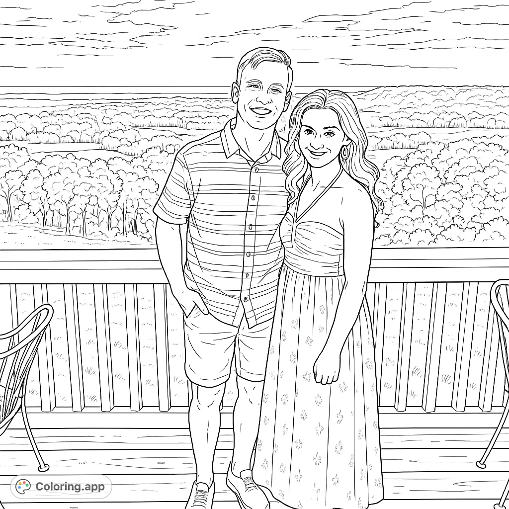 A delightful couple stands on a scenic overlook, surrounded by a vast landscape of rolling hills and trees. Perfect for a relaxing coloring experience.