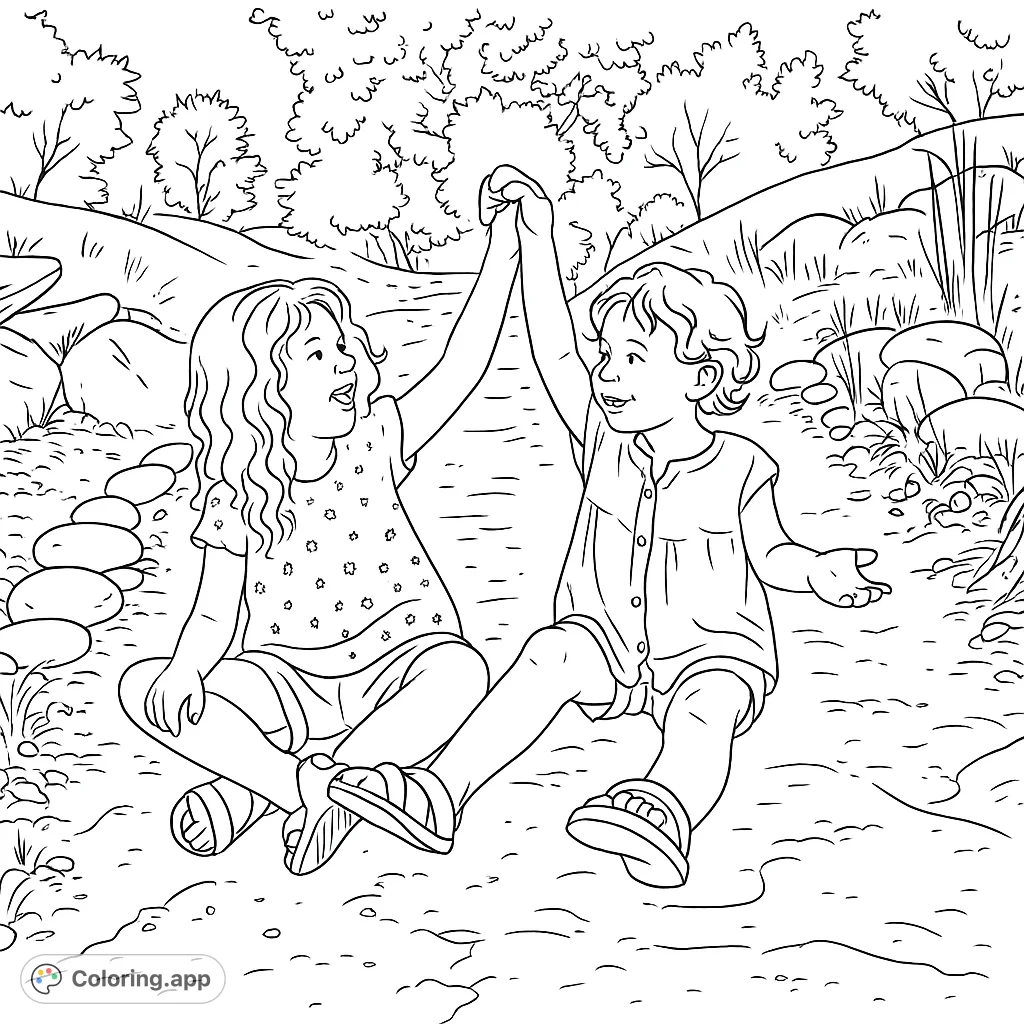 Capture the joy of two children holding hands in a natural setting. This delightful coloring page features playful smiles and an outdoor adventure scene.