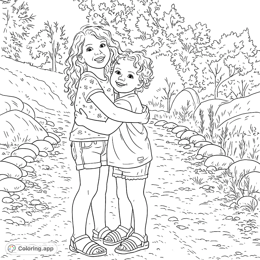 Two joyful children share a warm embrace on a sunny outdoor path, surrounded by nature. A heartwarming scene perfect for a friendship coloring page.