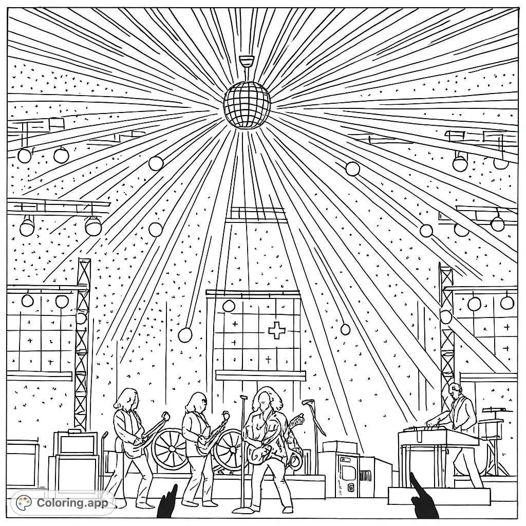 Immerse yourself in a vibrant concert stage scene with a band performing under a dazzling display of radial light beams and sparkling effects.