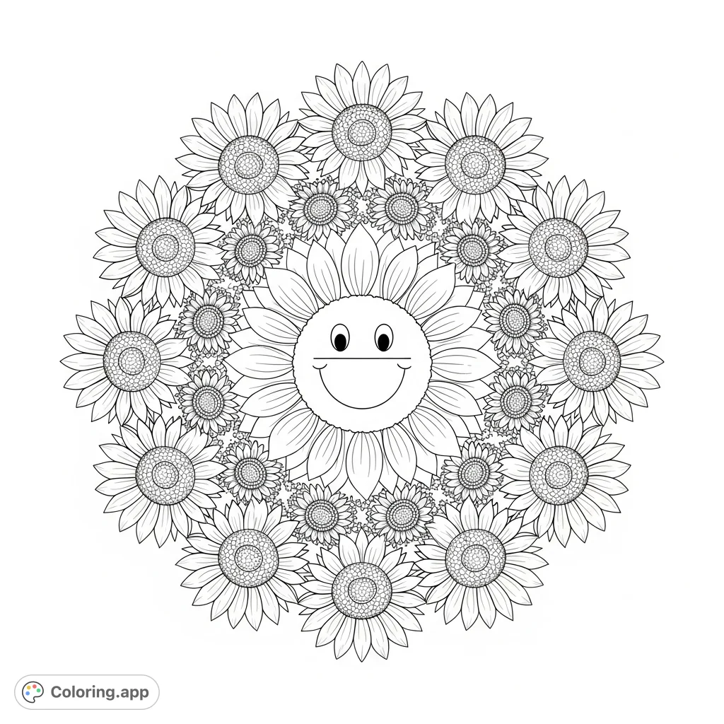 A cheerful floral mandala coloring page featuring a central sunflower with a smiling face, surrounded by intricate sunflower patterns for a delightful coloring experience.