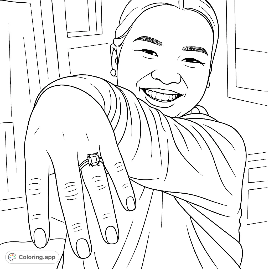 Celebrate a special moment with this engagement ring coloring page. Features a hand displaying a beautiful ring, with a joyful person in the background.