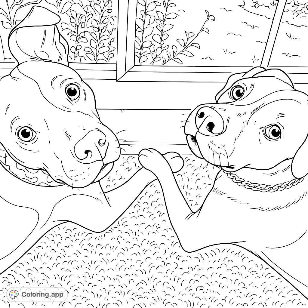 Two adorable dogs with touching paws gaze out a window, inviting you to add vibrant life to their cozy scene. A heartwarming animal friendship coloring page.