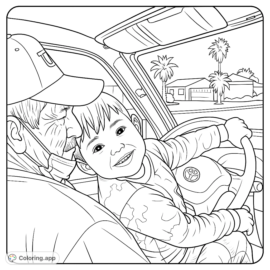 A heartwarming coloring page featuring a child on a grandparent's lap, playfully holding the steering wheel in a car, with a scenic view outside.
