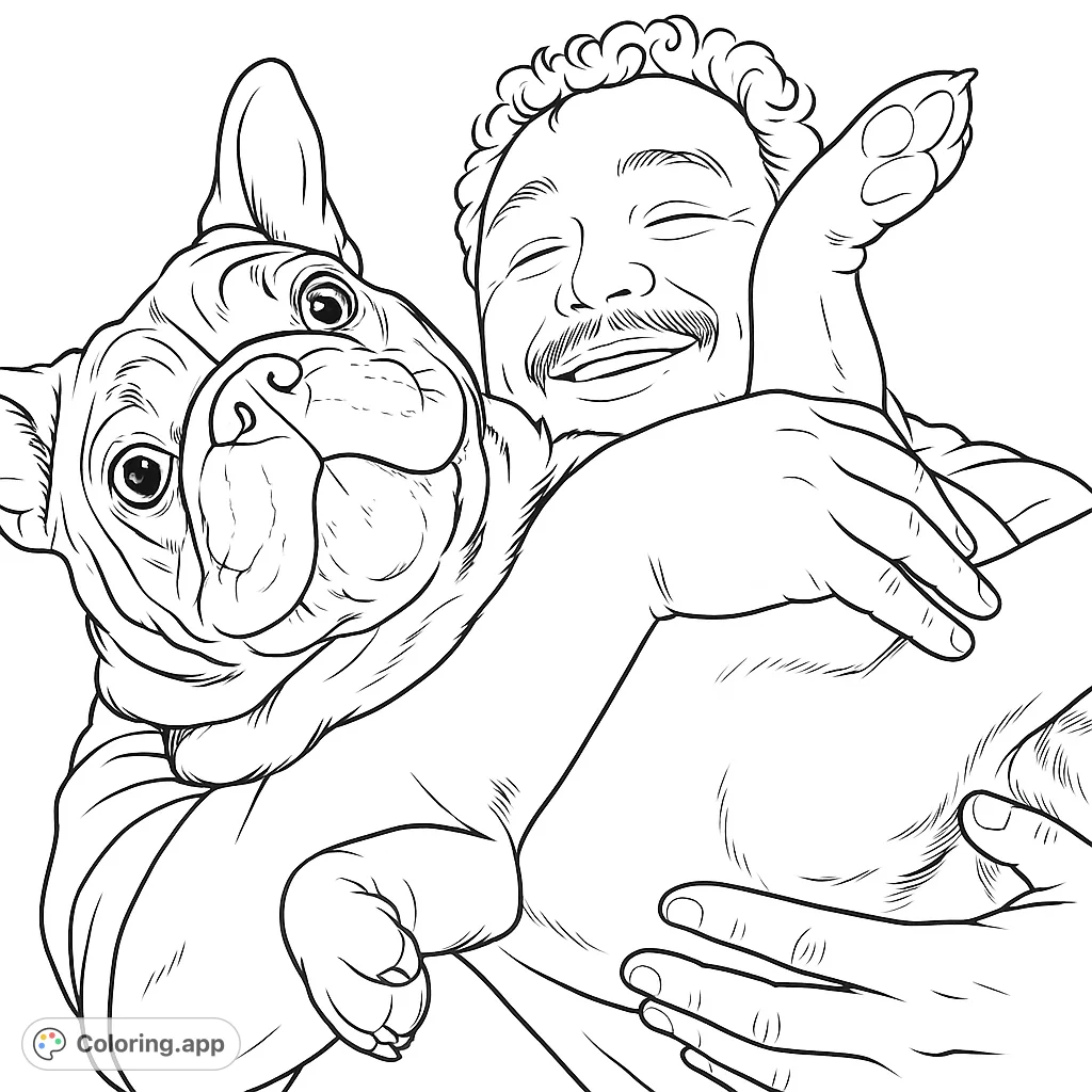 Capture a heartwarming moment of a person joyfully embracing their playful dog. This delightful coloring page celebrates the special bond between pets and their owners.